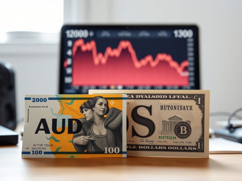 Australian Dollar and US Dollar banknotes with a downward chart on a monitor in the background