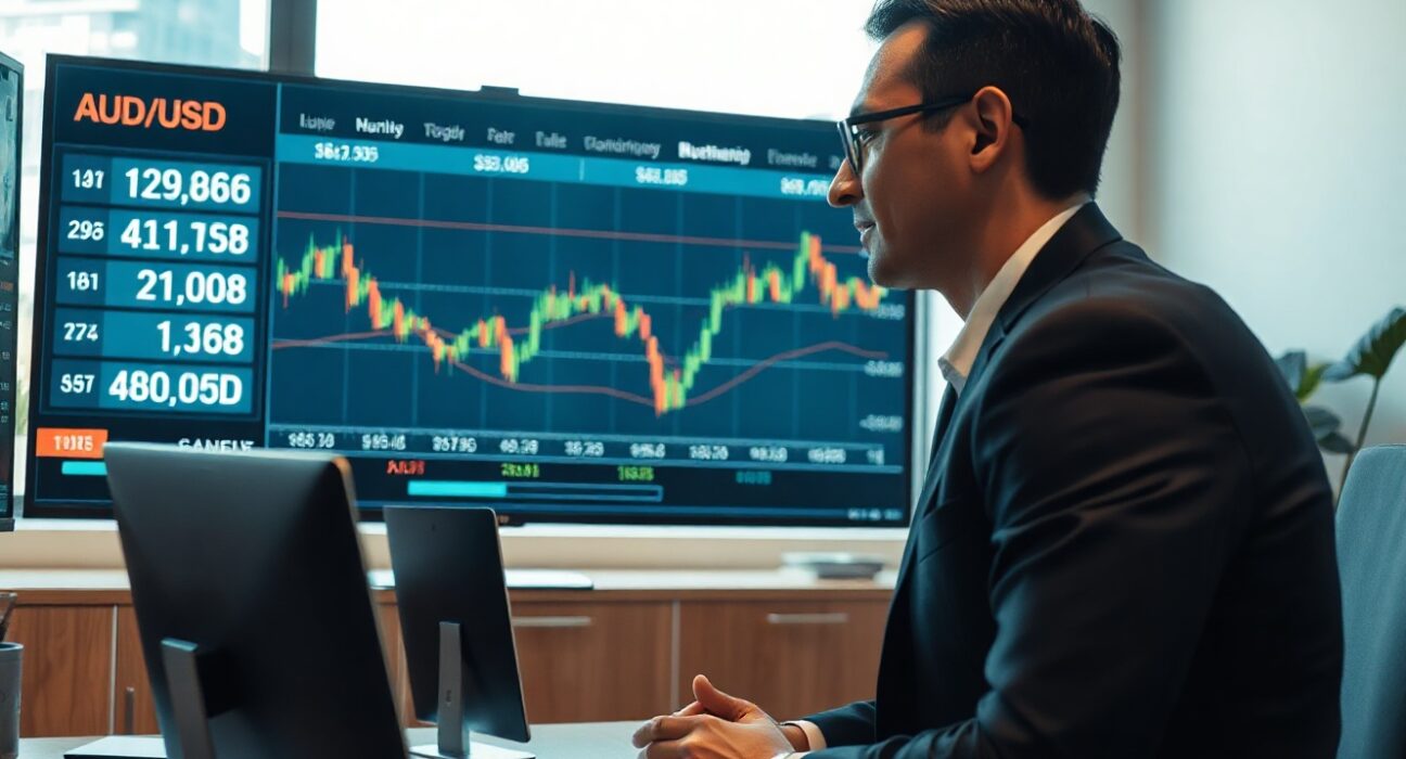 Financial analyst observing AUD/USD exchange rate charts on a screen in a modern office.
