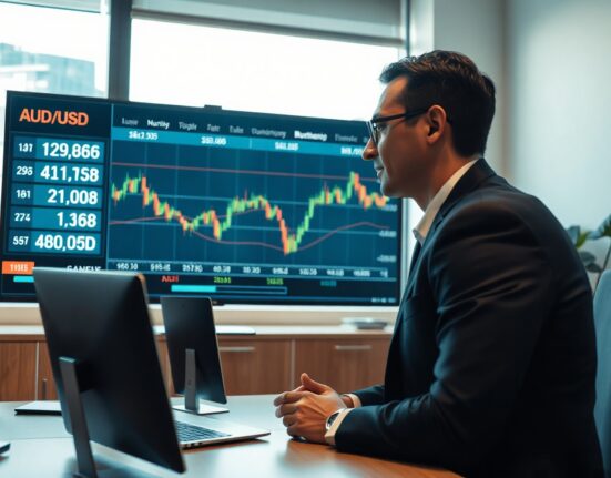 Financial analyst observing AUD/USD exchange rate charts on a screen in a modern office.