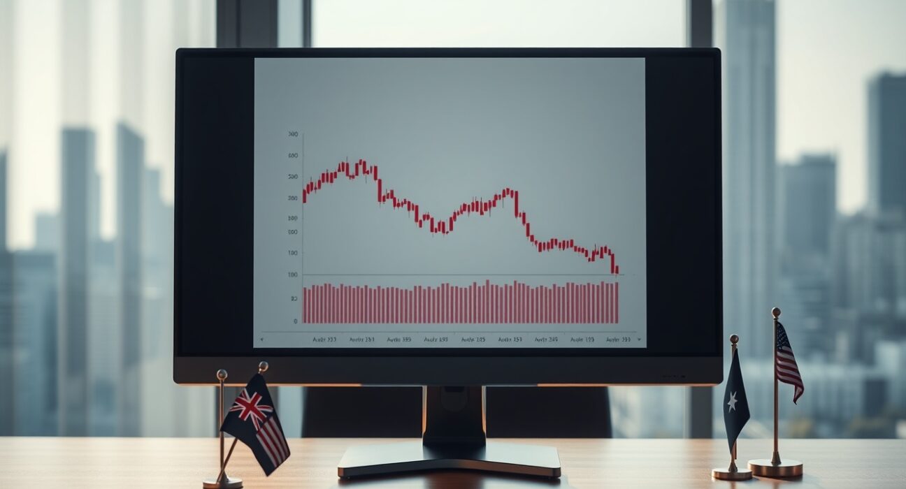 AUD/USD chart on a monitor with Australian and US flags, representing currency market reaction to geopolitical events.