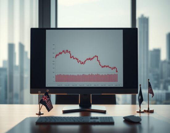 AUD/USD chart on a monitor with Australian and US flags, representing currency market reaction to geopolitical events.