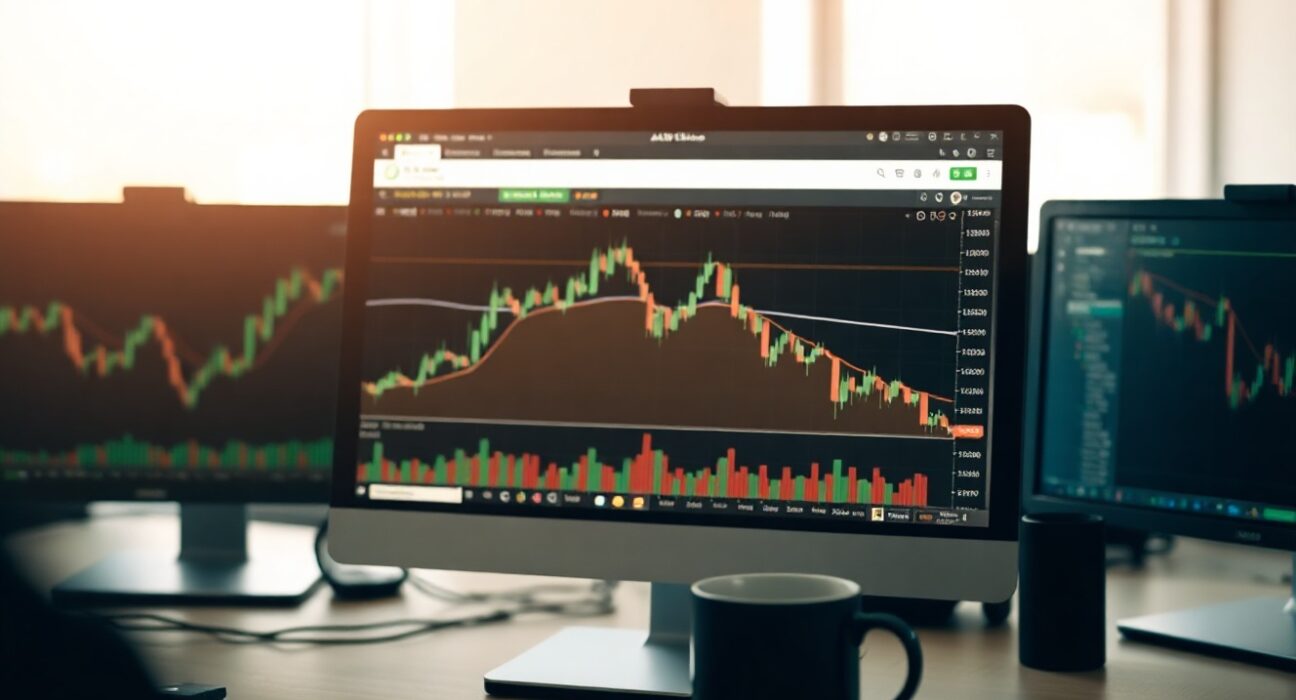 AUD/USD forex chart showing decline on a trading screen in a professional setting