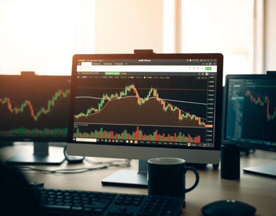AUD/USD forex chart showing decline on a trading screen in a professional setting