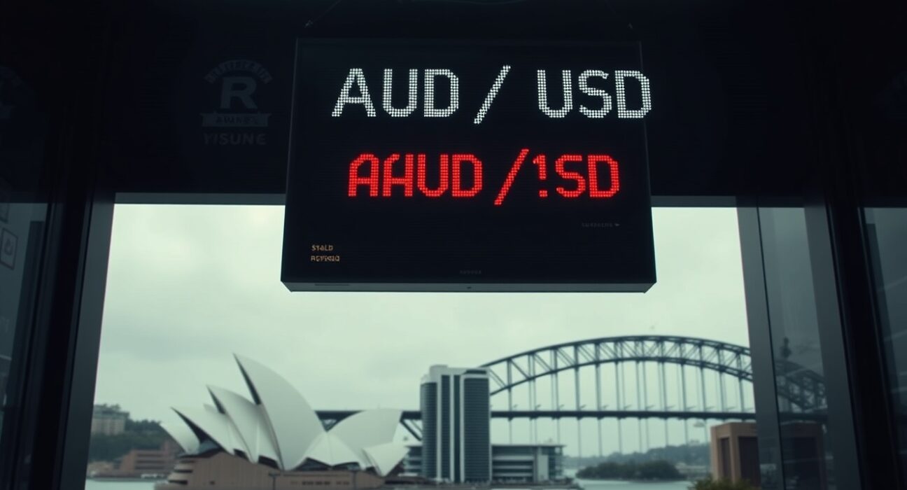 AUD/USD currency board in Sydney financial district showing decline after Australian unemployment data