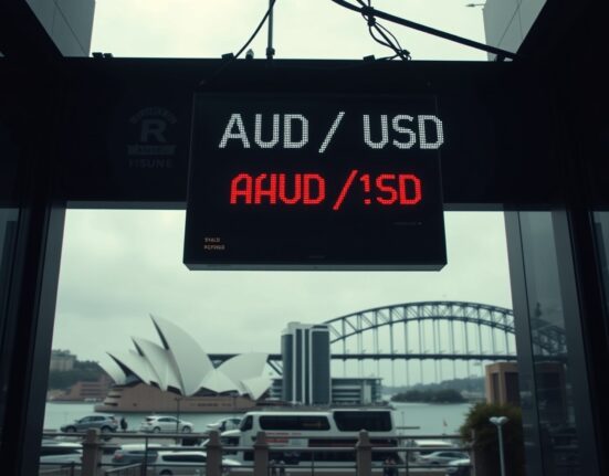 AUD/USD currency board in Sydney financial district showing decline after Australian unemployment data