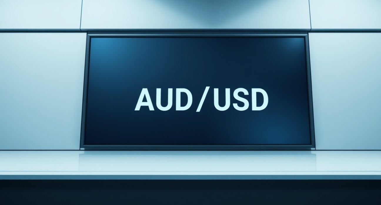 AUD/USD exchange rate chart showing downside movement on a digital trading screen