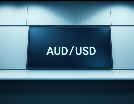 AUD/USD exchange rate chart showing downside movement on a digital trading screen