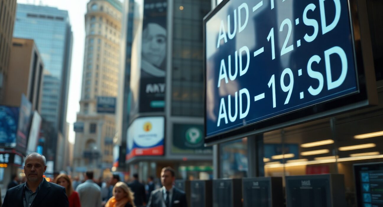 Digital exchange board showing AUD/USD currency rates in a financial district