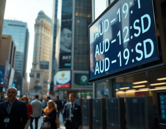 Digital exchange board showing AUD/USD currency rates in a financial district