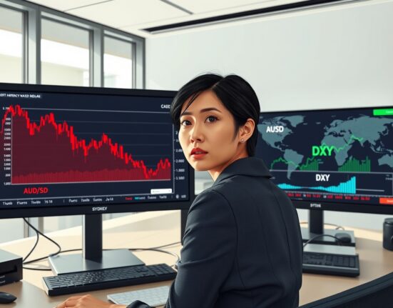 Trader monitors Australian Dollar drop and US Dollar gain amid Middle East tensions on financial charts