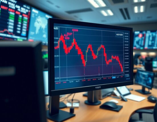 Chart showing the Australian dollar's sharp decline following Federal Reserve Chair Jerome Powell's inflation remarks.