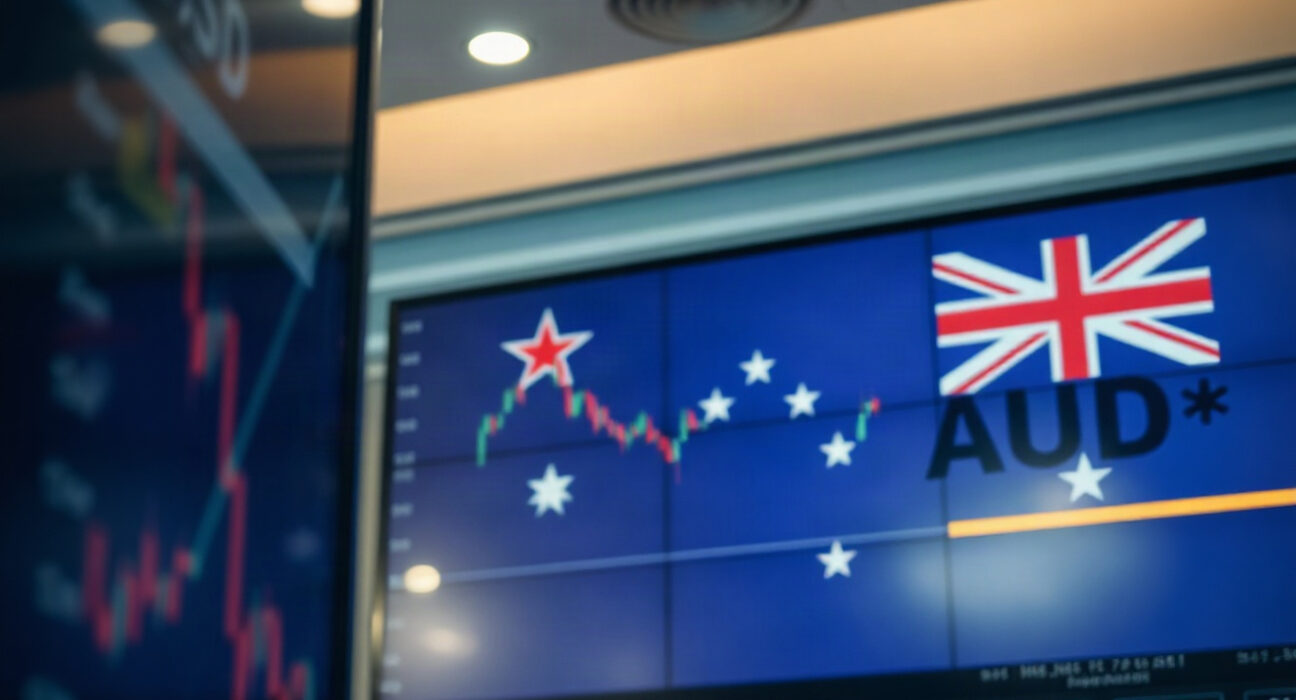 AUD/USD price chart on a trading screen, with the Australian dollar retreating from recent highs
