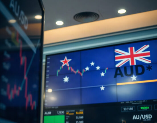 AUD/USD price chart on a trading screen, with the Australian dollar retreating from recent highs