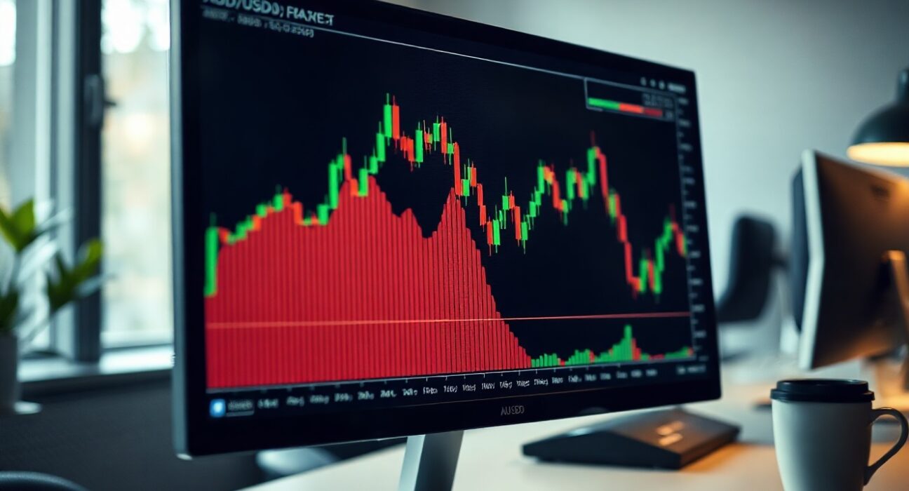 AUD/USD chart showing a slight decline on a trading screen in a modern office.