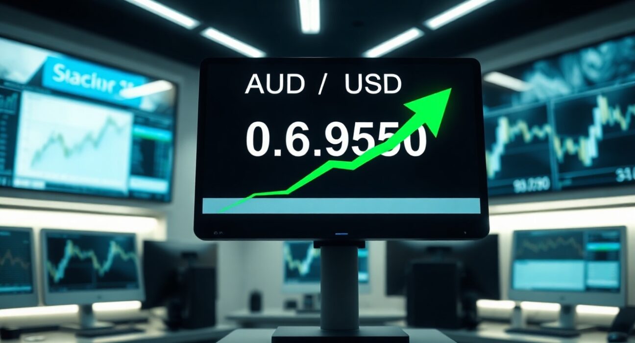 AUD/USD exchange rate at 0.6950 on a trading screen with a green upward arrow.