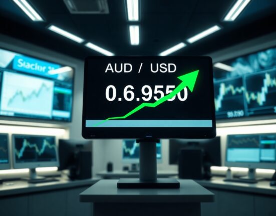 AUD/USD exchange rate at 0.6950 on a trading screen with a green upward arrow.