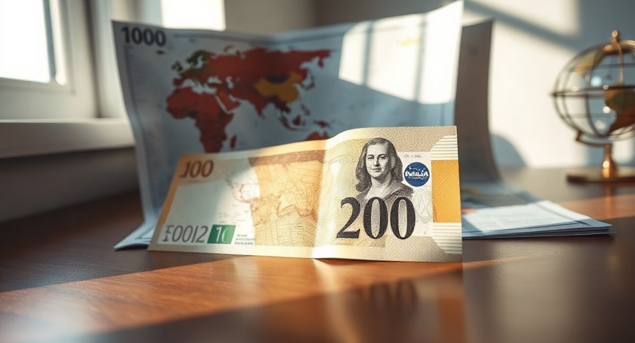 Australian dollar banknote on a world map, representing forex trading and trade surplus news.