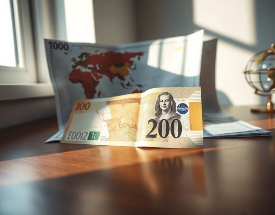Australian dollar banknote on a world map, representing forex trading and trade surplus news.