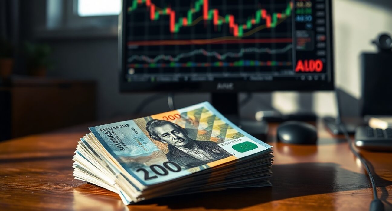 Stack of Australian Dollar banknotes with a blurred financial chart in the background