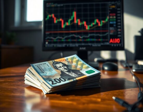 Stack of Australian Dollar banknotes with a blurred financial chart in the background
