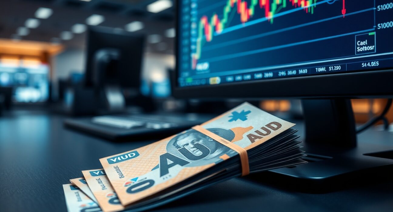 Australian dollar banknotes on a trading desk with a financial chart on a monitor in the background.