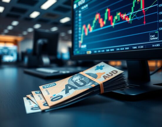 Australian dollar banknotes on a trading desk with a financial chart on a monitor in the background.