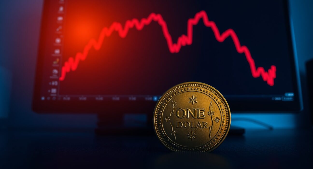 Australian one-dollar coin in foreground with a red declining chart on a monitor in the background, representing currency market decline.