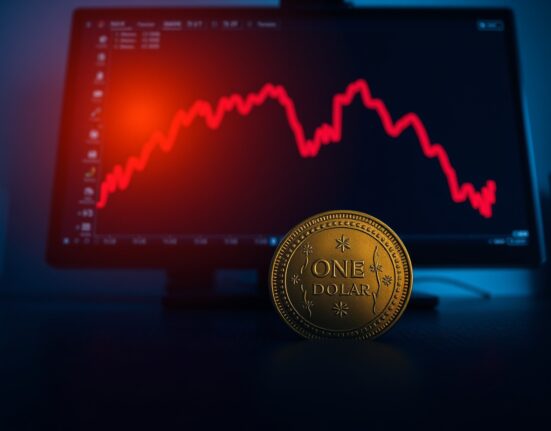 Australian one-dollar coin in foreground with a red declining chart on a monitor in the background, representing currency market decline.