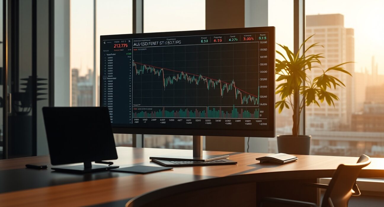 AUD/USD forex chart showing a decline on a trading screen in a Sydney financial office.