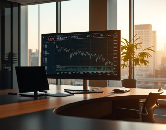 AUD/USD forex chart showing a decline on a trading screen in a Sydney financial office.