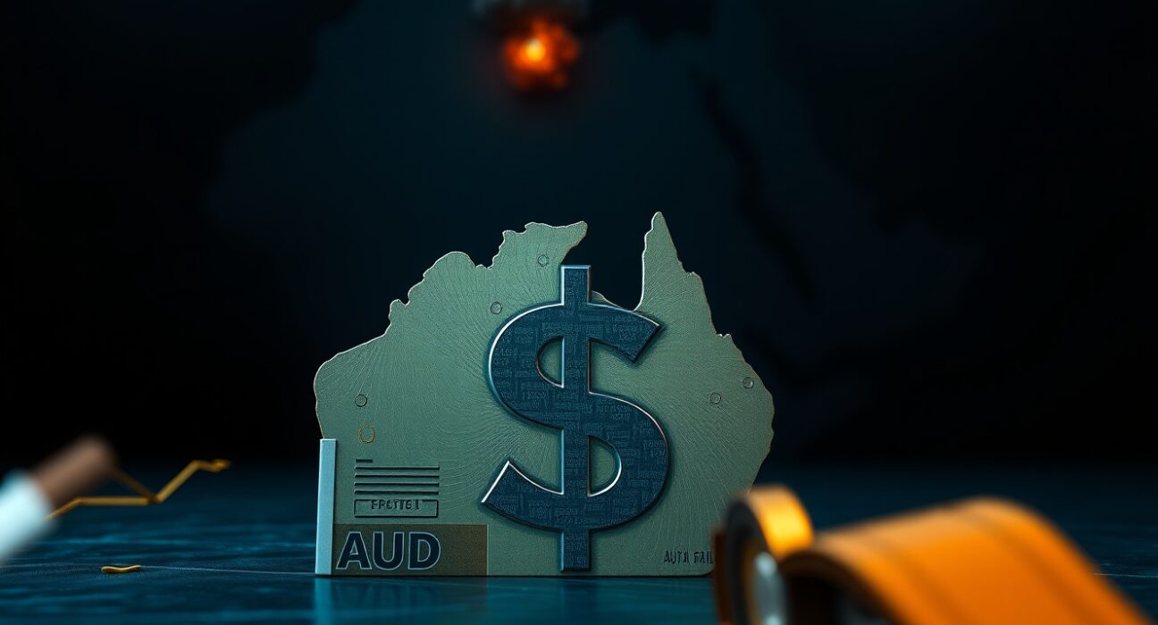Australian Dollar symbol against a backdrop of a geopolitical map of the Middle East, representing market sensitivity to US-Iran tensions.