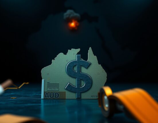 Australian Dollar symbol against a backdrop of a geopolitical map of the Middle East, representing market sensitivity to US-Iran tensions.