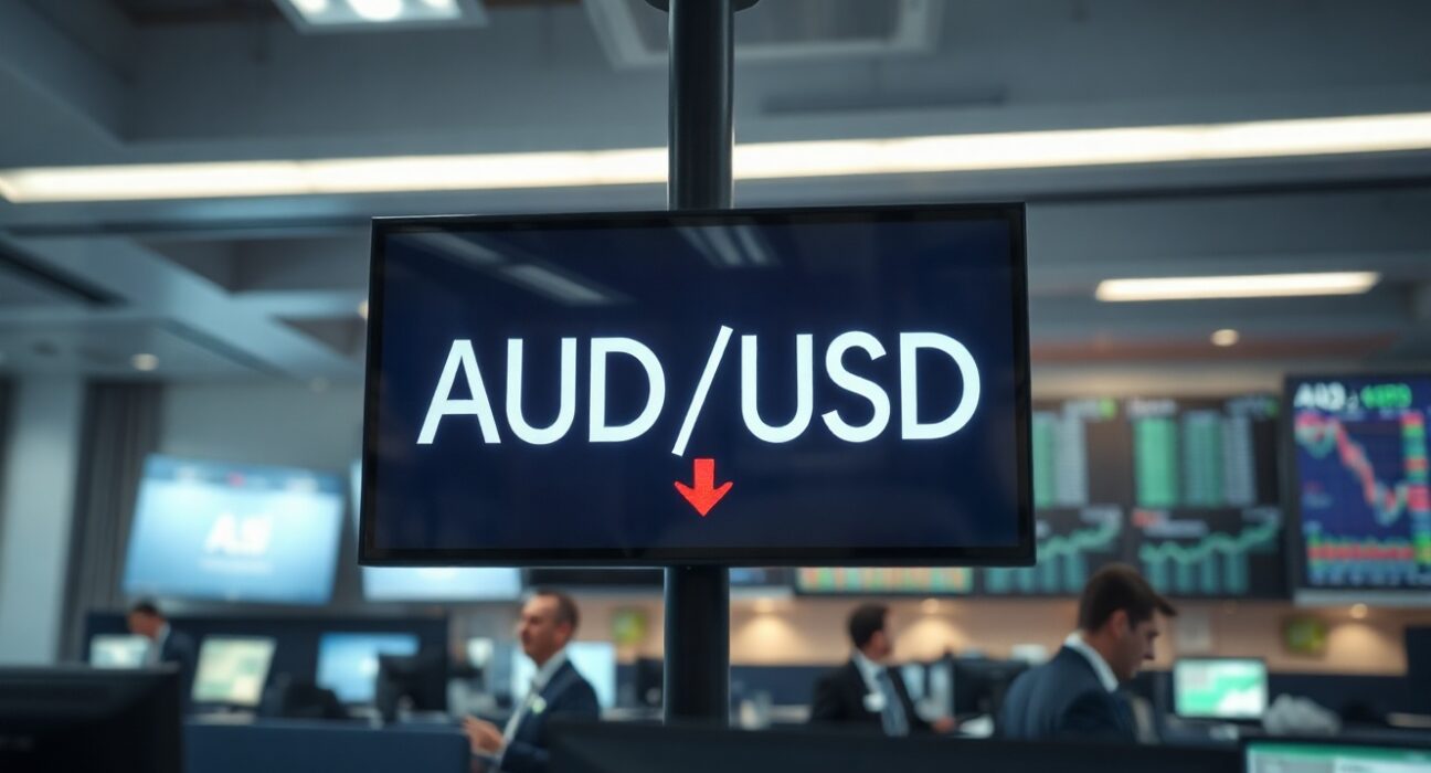 Financial display board showing AUD/USD exchange rate with a downward arrow indicating a decline.