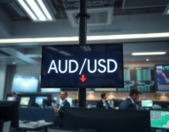 Financial display board showing AUD/USD exchange rate with a downward arrow indicating a decline.