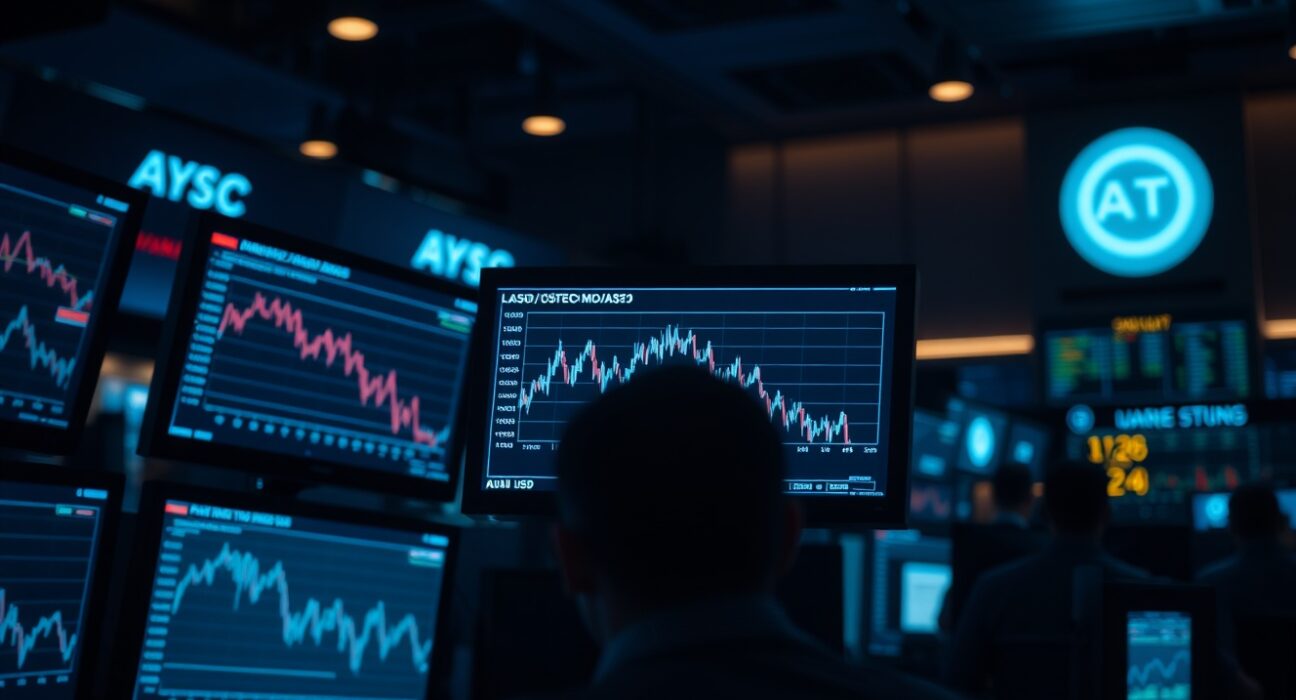 AUD/USD currency chart on a monitor in a dark trading room, showing a downward trend after US retail sales data release.