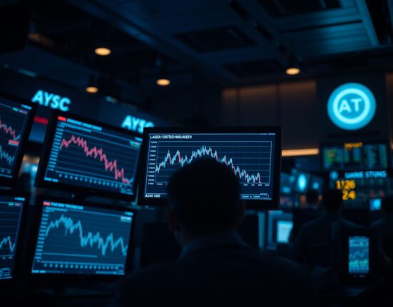 AUD/USD currency chart on a monitor in a dark trading room, showing a downward trend after US retail sales data release.