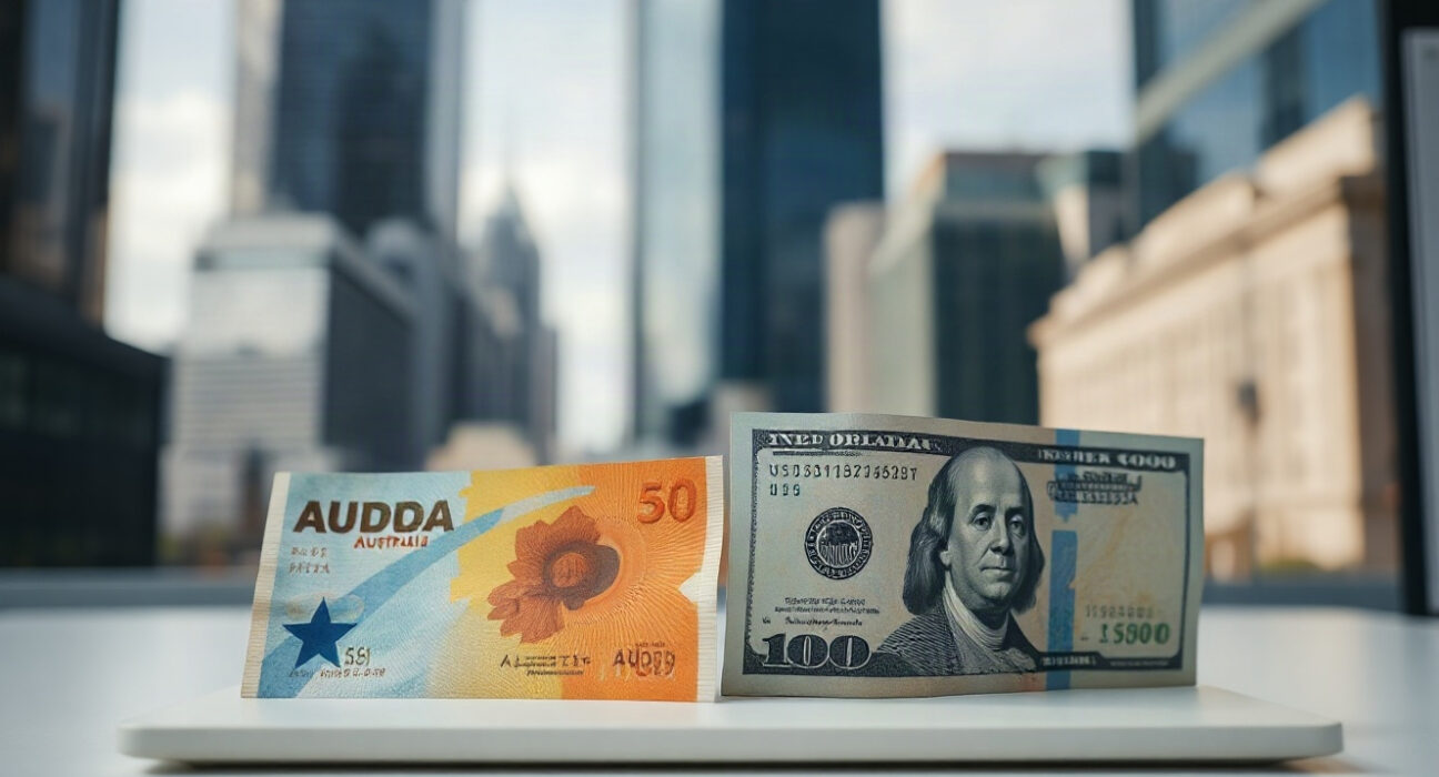 Australian Dollar and US Dollar banknotes side by side on a desk, symbolizing AUD/USD currency pair movement ahead of Fed minutes.