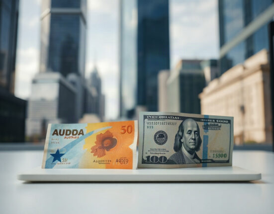 Australian Dollar and US Dollar banknotes side by side on a desk, symbolizing AUD/USD currency pair movement ahead of Fed minutes.
