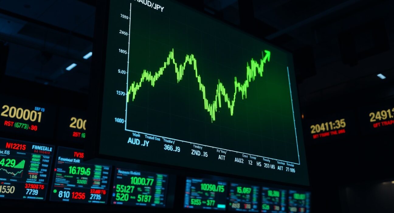 AUD/JPY forex chart showing an upward trend on a professional trading screen in a dimly lit trading floor