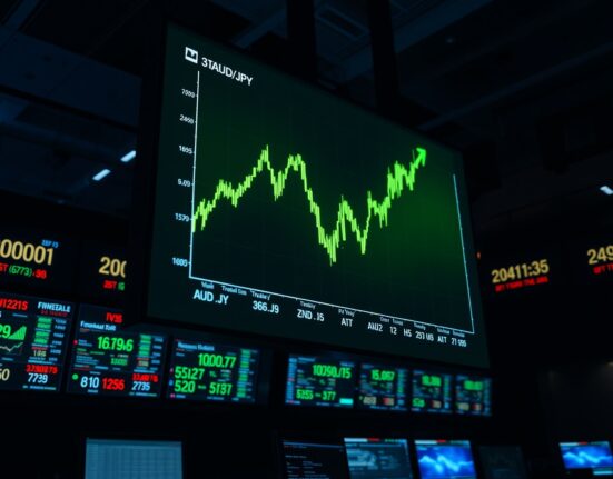 AUD/JPY forex chart showing an upward trend on a professional trading screen in a dimly lit trading floor