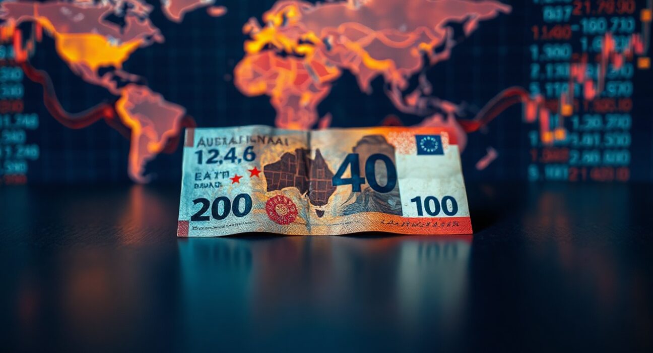 Australian dollar banknote lying flat on a reflective surface with blurred global market charts in the background