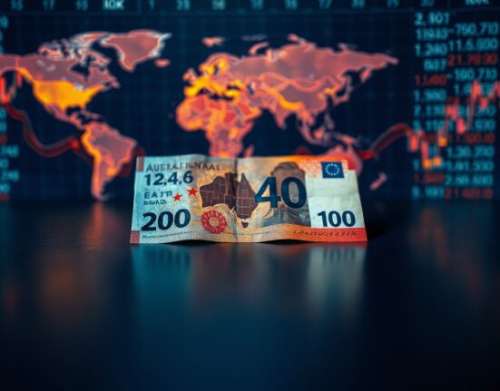 Australian dollar banknote lying flat on a reflective surface with blurred global market charts in the background