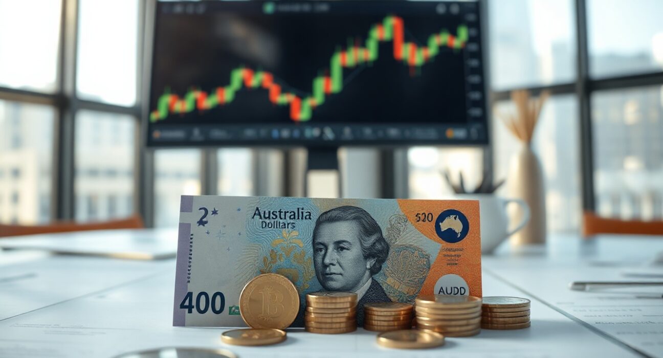 Australian dollar banknotes and coins on a trading desk with a candlestick chart in the background