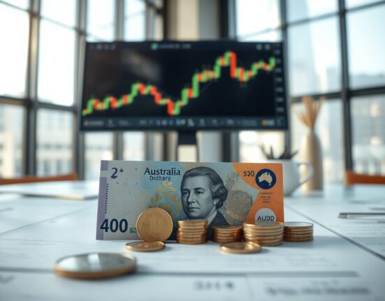 Australian dollar banknotes and coins on a trading desk with a candlestick chart in the background