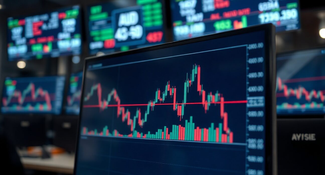 AUD/USD currency chart showing a downward trend on a trading screen in a financial newsroom setting