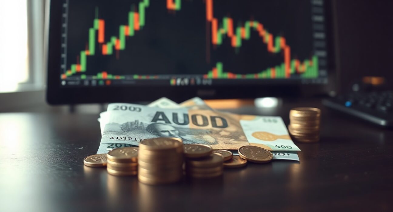 Australian dollar banknotes and coins with a computer screen showing AUD/USD chart in background