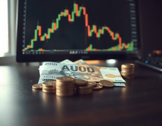 Australian dollar banknotes and coins with a computer screen showing AUD/USD chart in background