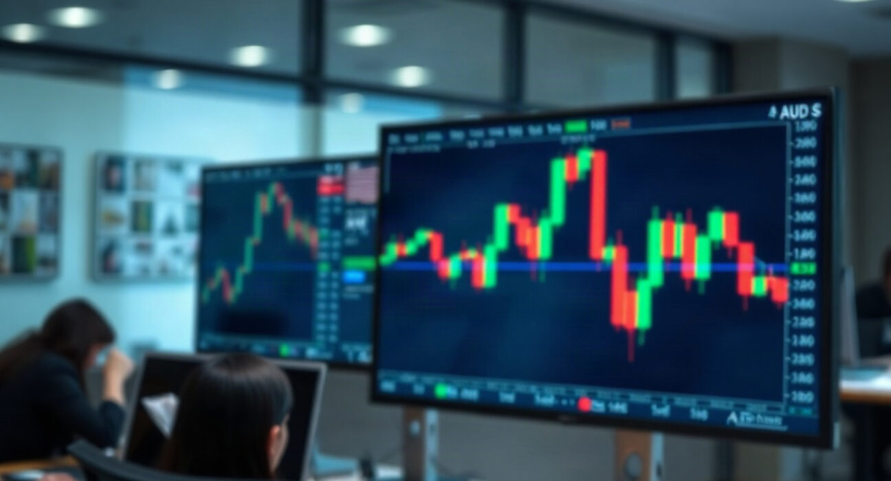 Australian dollar symbol in focus with financial charts in background