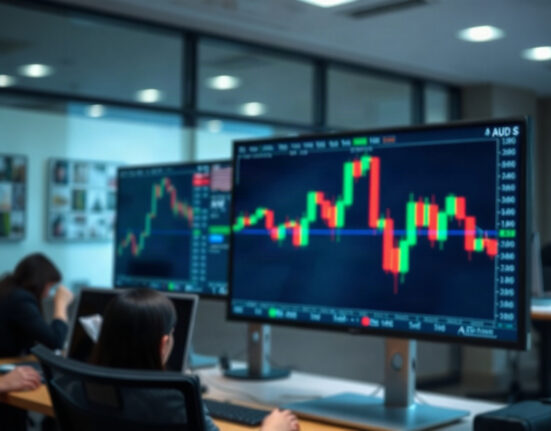 Australian dollar symbol in focus with financial charts in background