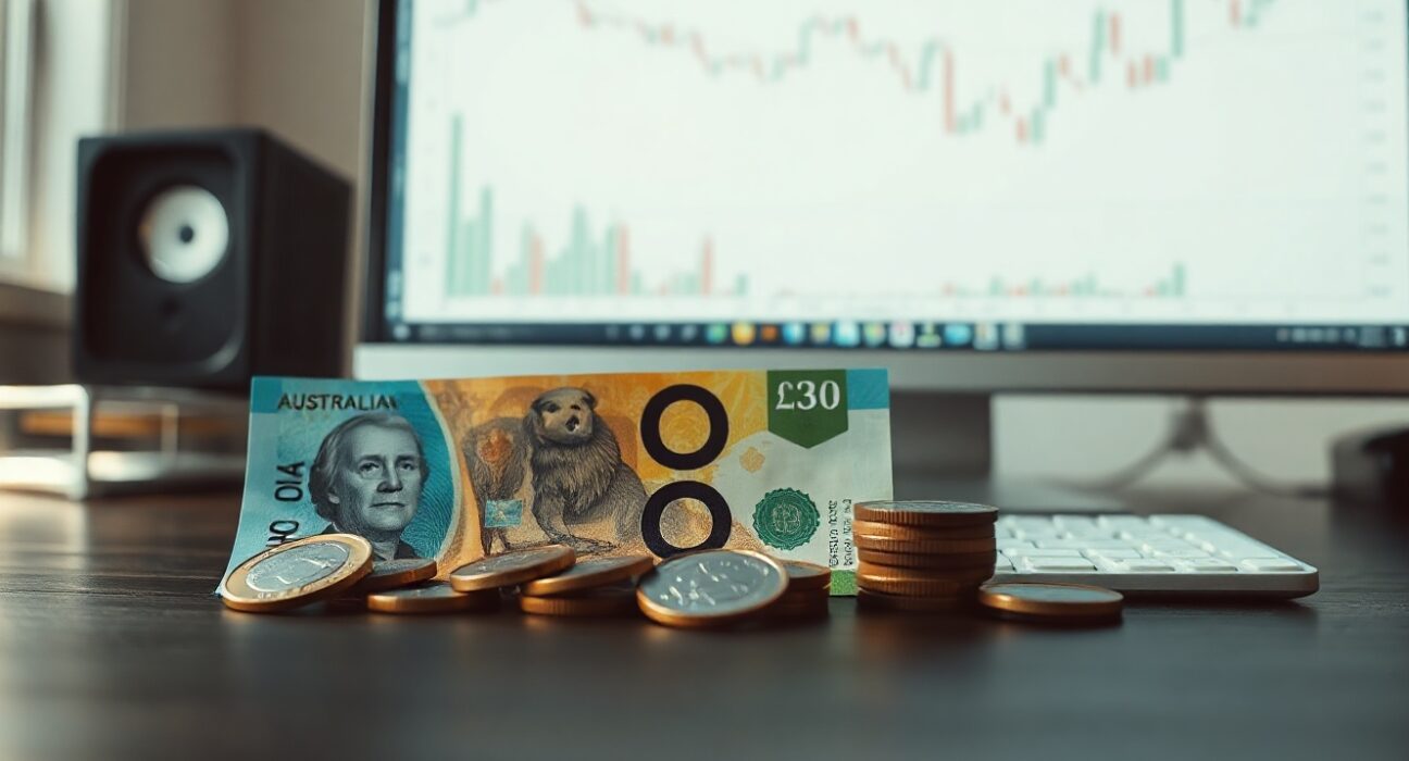 Australian dollar banknotes and coins on a desk with a trading chart in the background